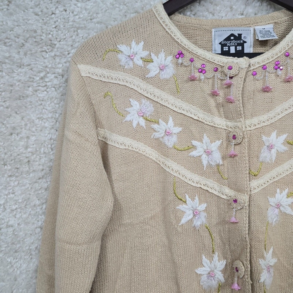 Storybook Knits Womens Floral Embroidered Cardigan Sweater Size M Cottage Granny - Picture 4 of 13